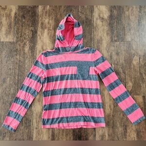 Aeropostale Striped Pink and Gray Hooded Long Sleeve Tee Small